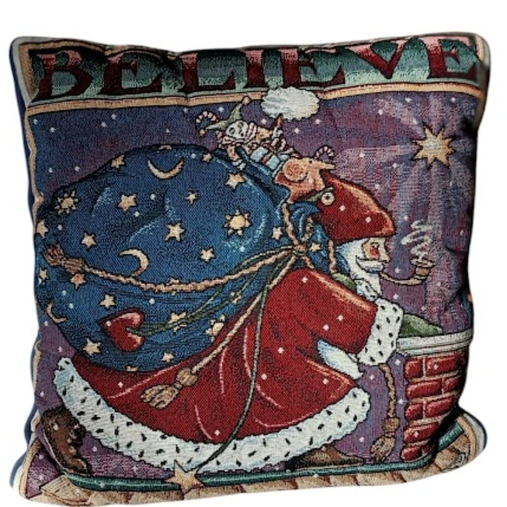 Christmas Vintage Tapestry Pillow, Believe Santa Claus, 16X16